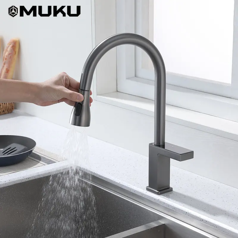 New Gun Gray Induction Pull-out Kitchen Faucet Non-Contact Household Brass Digital Display Tap Hot&Cold Water Mixer Sink Faucet