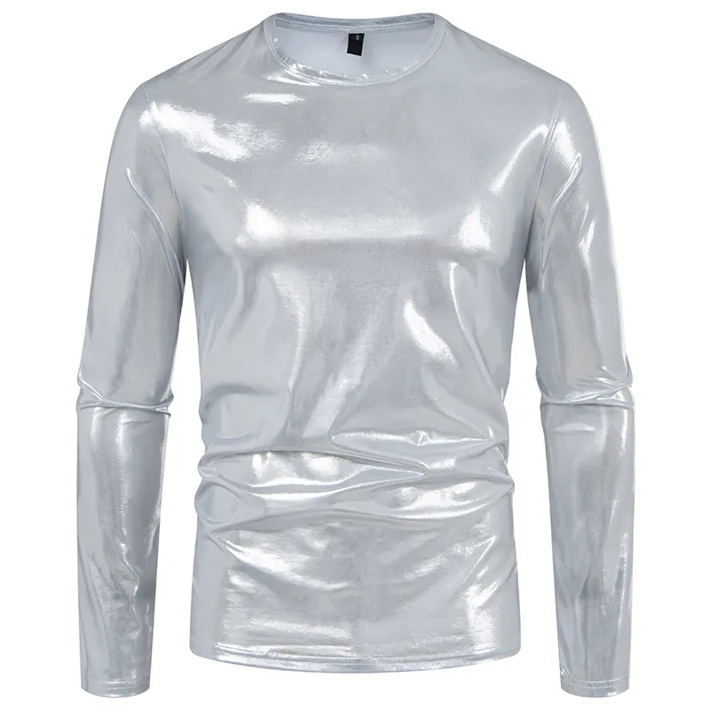 Men's Shiny Metallic T-Shirts Casual O Neck Long Sleeve Top Tees New Fashion Gold Stage Costume Disco Party NightClub Tee