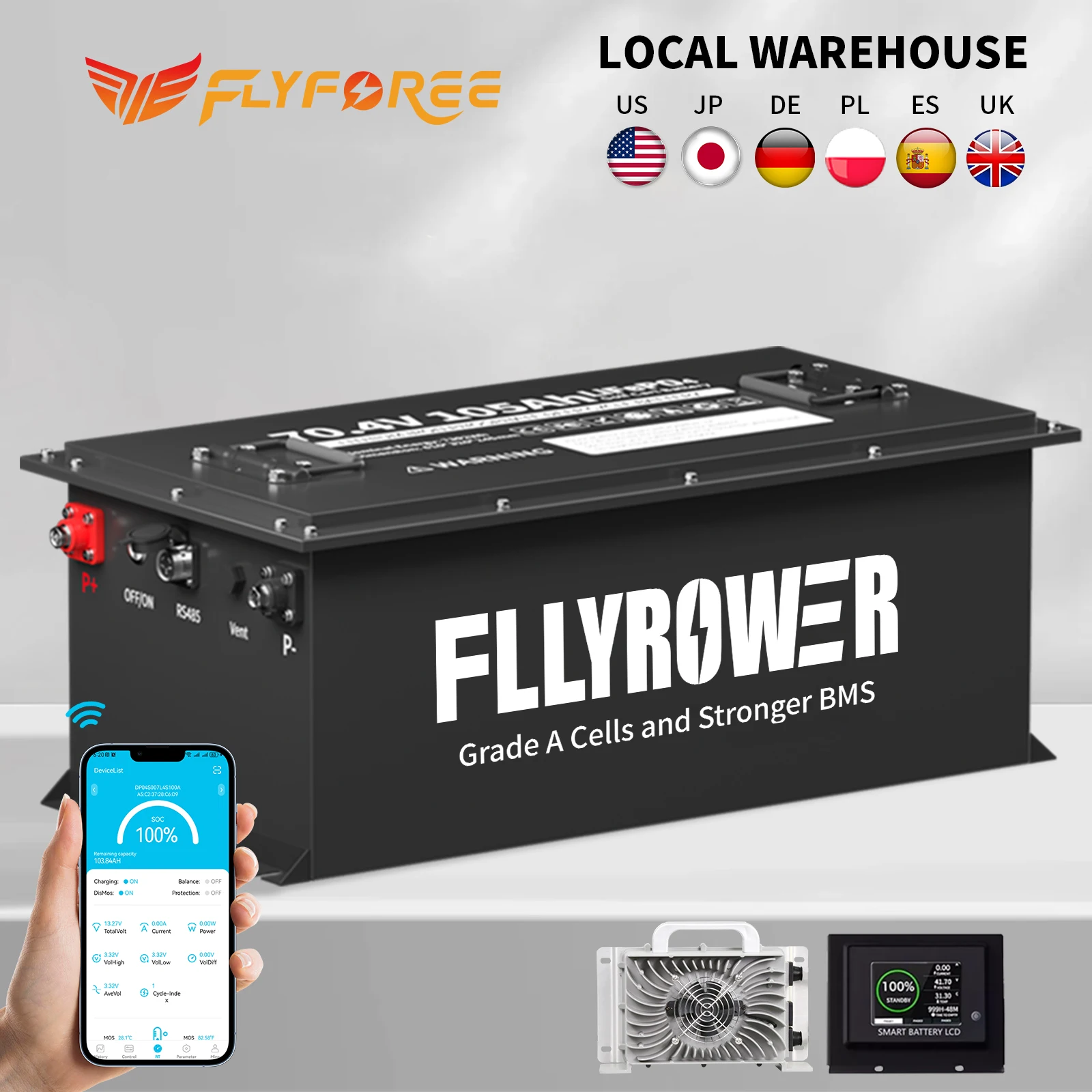 FLLYROWER 72V 105Ah Lithium Golf Cart Battery Pack 200A BMS 8000+ Deep Cycle With 58.2V 20A Charger And Monitor Bluetooth LiFePO4 Battery