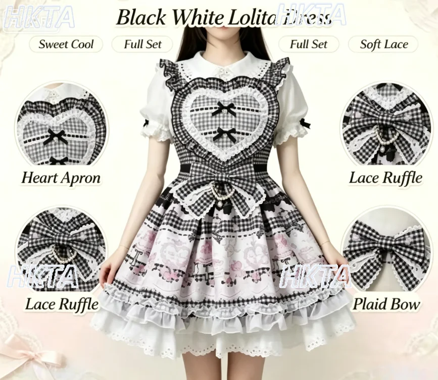 Jirai Kei Japanese Liz Sweet Beauty Girls Checkered Heart Shaped Bow Short Dress Summer Women's Princess Birthday Lolita Dress