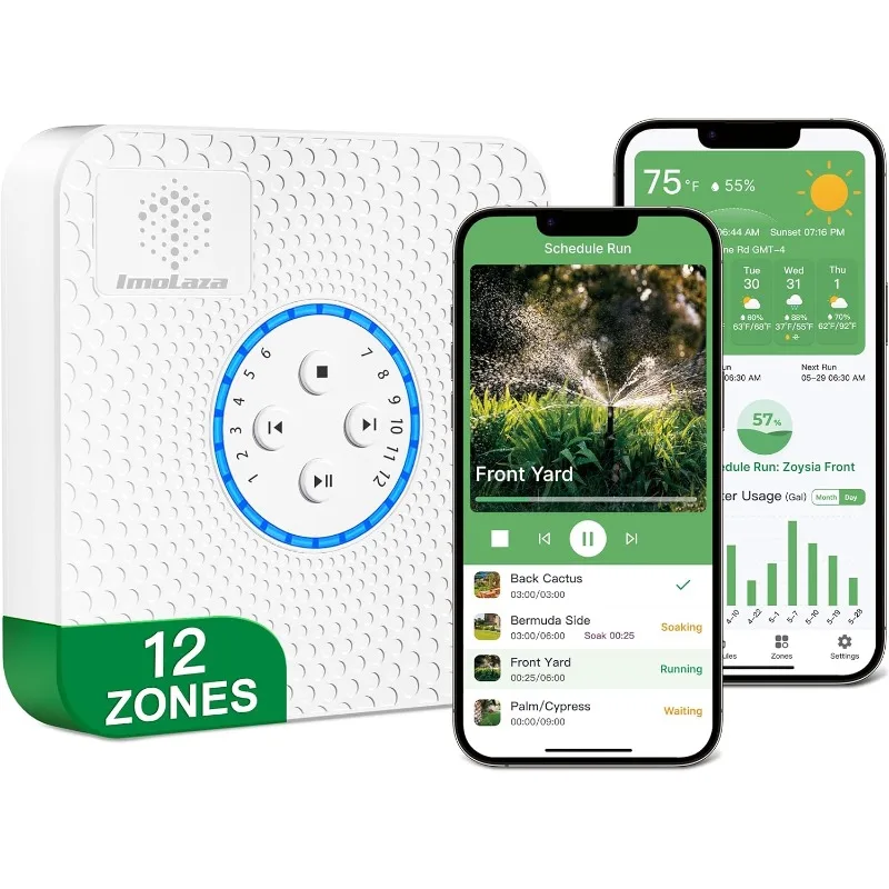 ImoLaza Smart Sprinkler Controller Evapotranspiration Master: 12 Zones WiFi Irrigation Controller with Automated Watering