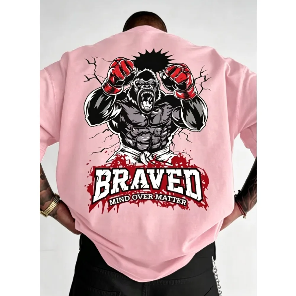 2026 New Men Braved Graphic T-shirt, Boxing Gorilla Mind Over Matter Inspirational Print Crew Neck Short Sleeve Top,