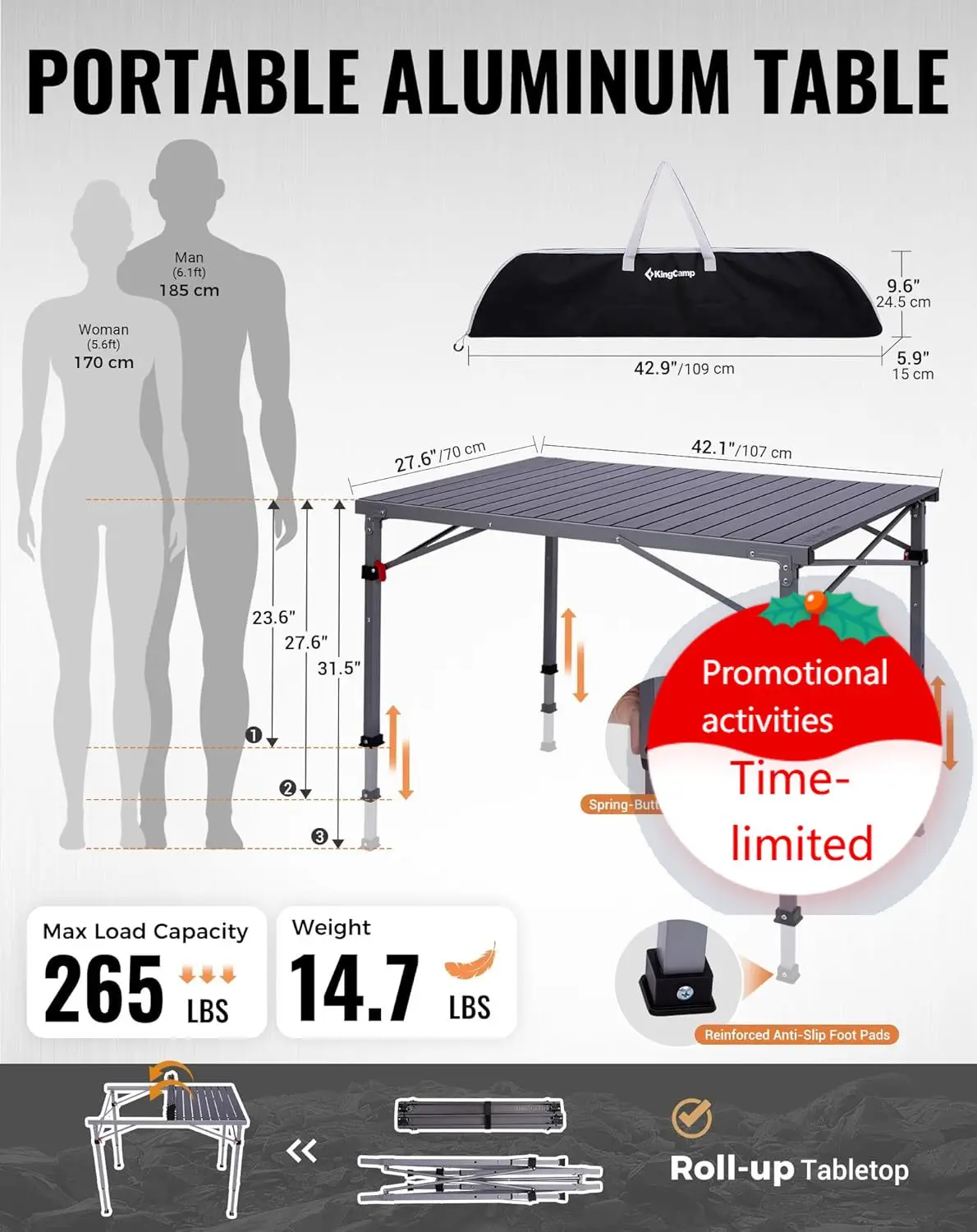 

Folding Camping Table Foldable Loads 265 Lbs, 42.1"× 27.6" Portable Table 3 Adjustable Height Aluminum Roll Up Camp Table with C