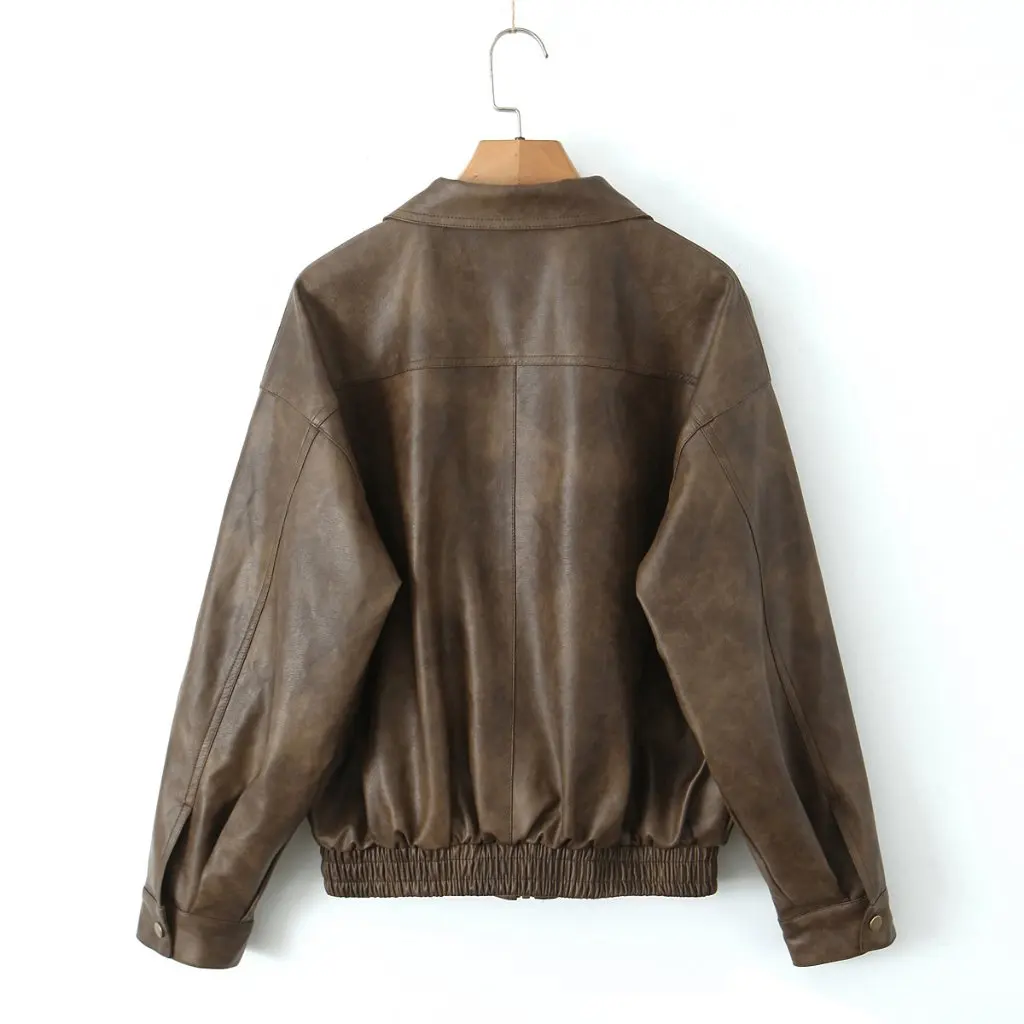 Chaqueta de cuero de estilo americano para mujer, Top de cuero PU con cremallera holgada Vintage Moto Spice Girl para otoño