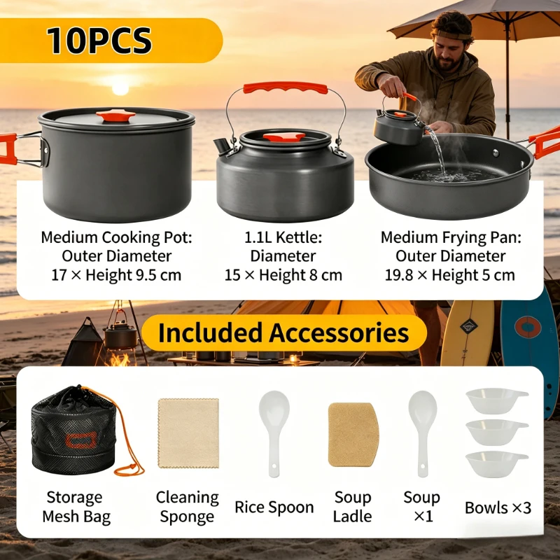 

10pcs Ultralight Aluminum Camping Cookware Set, Outdoor Pot Kettle Portable Travel Tableware with Storage Bag for Hiking