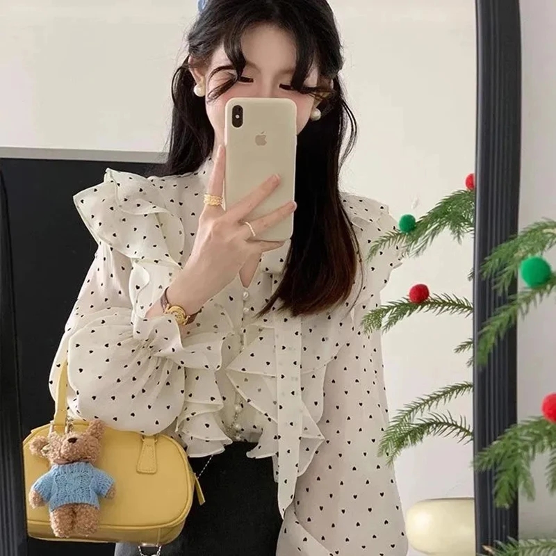 Korean Polka Dot Chiffon Blouse Women Elegant Long Sleeve Ruffle Trim Shirt Sweet Fashion Sheer Thin White Soft Commuter Top