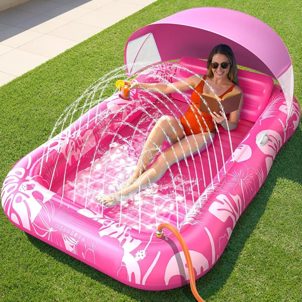 

Extra Large 77 x 48 Tanning Pool Float with Sprinkler and UPF 50+ Sun Protection, Adult Lounge Bed with Pillow and Cup Holder