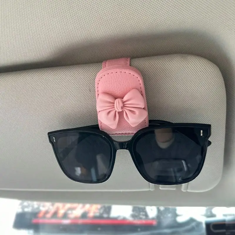 Cute Bow Car Sun‑Visor Sunglasses Holder, Magnetic Leather Eyeglass & Ticket Card Clip, Practical Car Interior Accessory