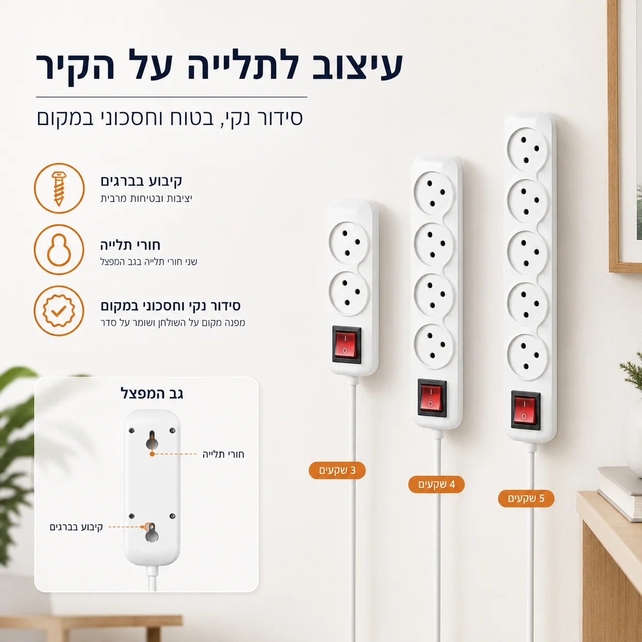 Melery Power Strip Israel Plug Outlets 3/4/5 Way AC Electric Sockets 16A Wire 1m Extension Cord Wall Mounted for Home Office