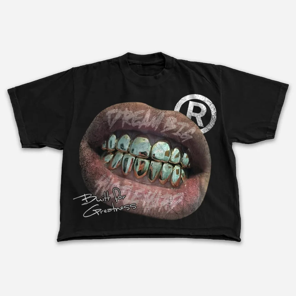 Street Metal Braces Vintage Lips Graphic Cropped T-shirt  Unisex Short-sleeved Retro Street Y2K Casual Fashion Tops Clothing