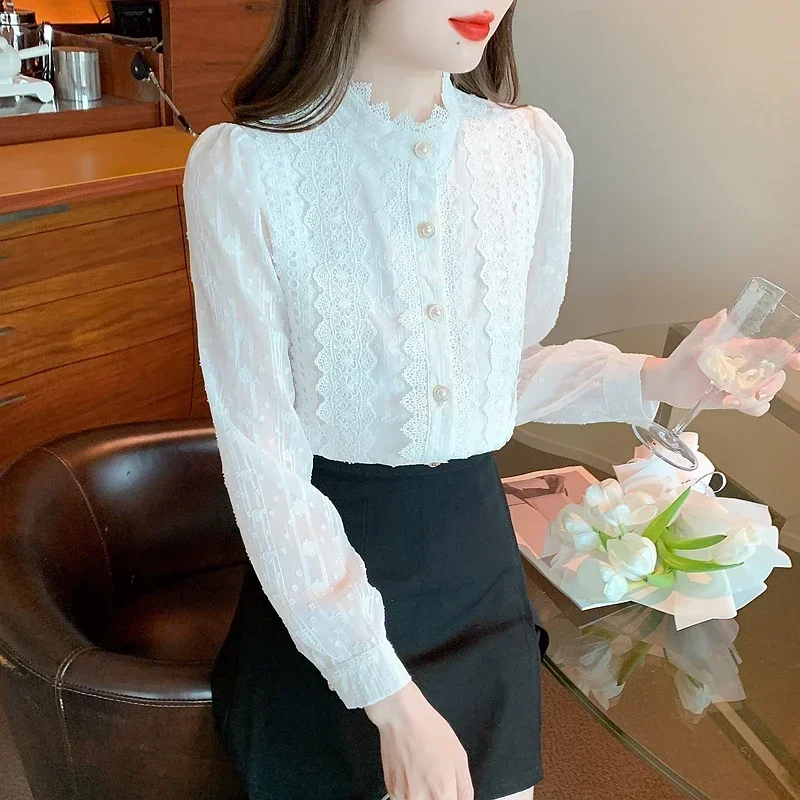 Fashion Long Sleeve White Lace Blouse Shirt Women Tops Blusas Mujer De Moda 2024 Elegantes Stand Collar Blouse Women Blusa H255