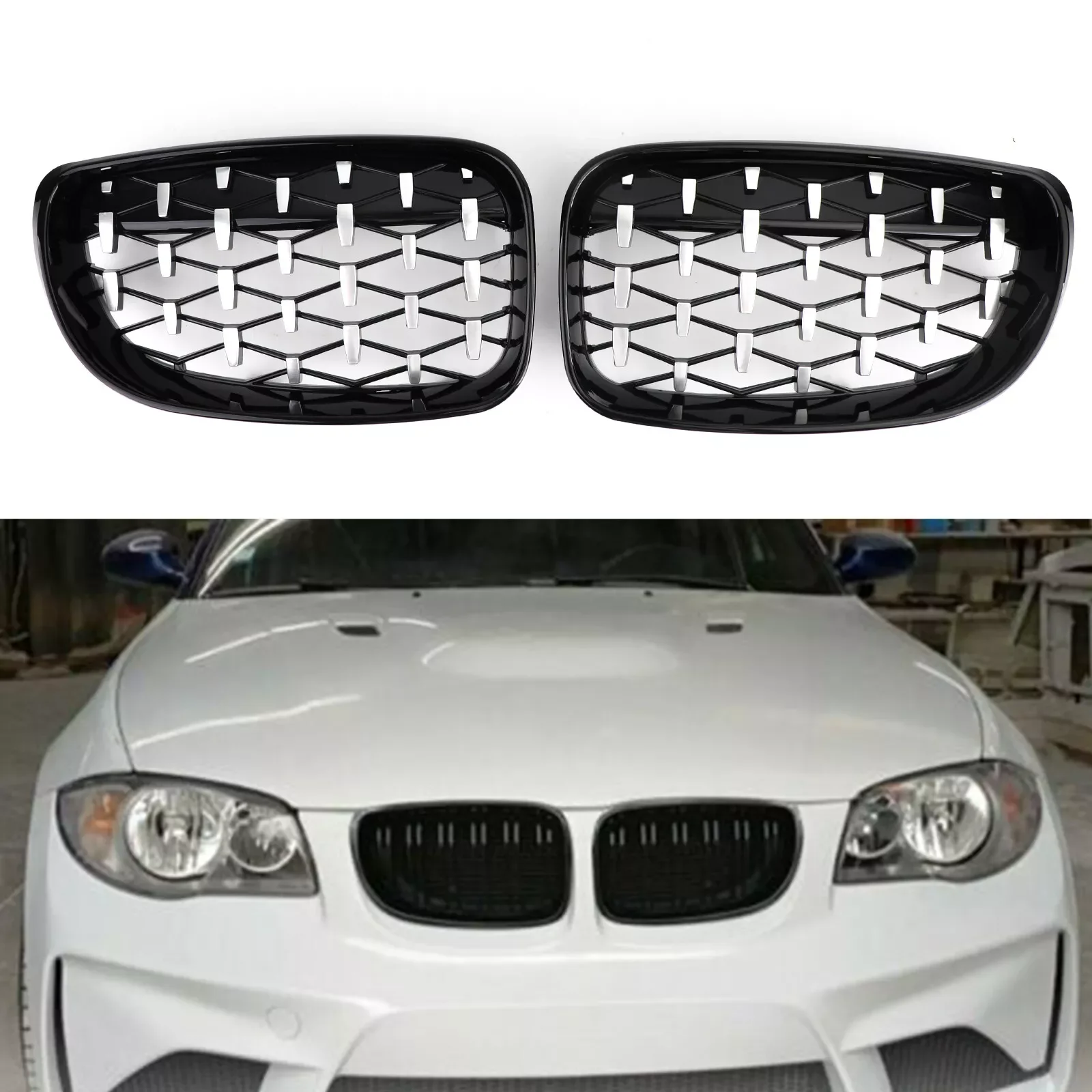 1 Pair Car Front Bumper Grilles Diamond Style Kidney Grilles Replacement Racing Grill For BMW 1 Series E81 E87 E82 E88 2007-2012