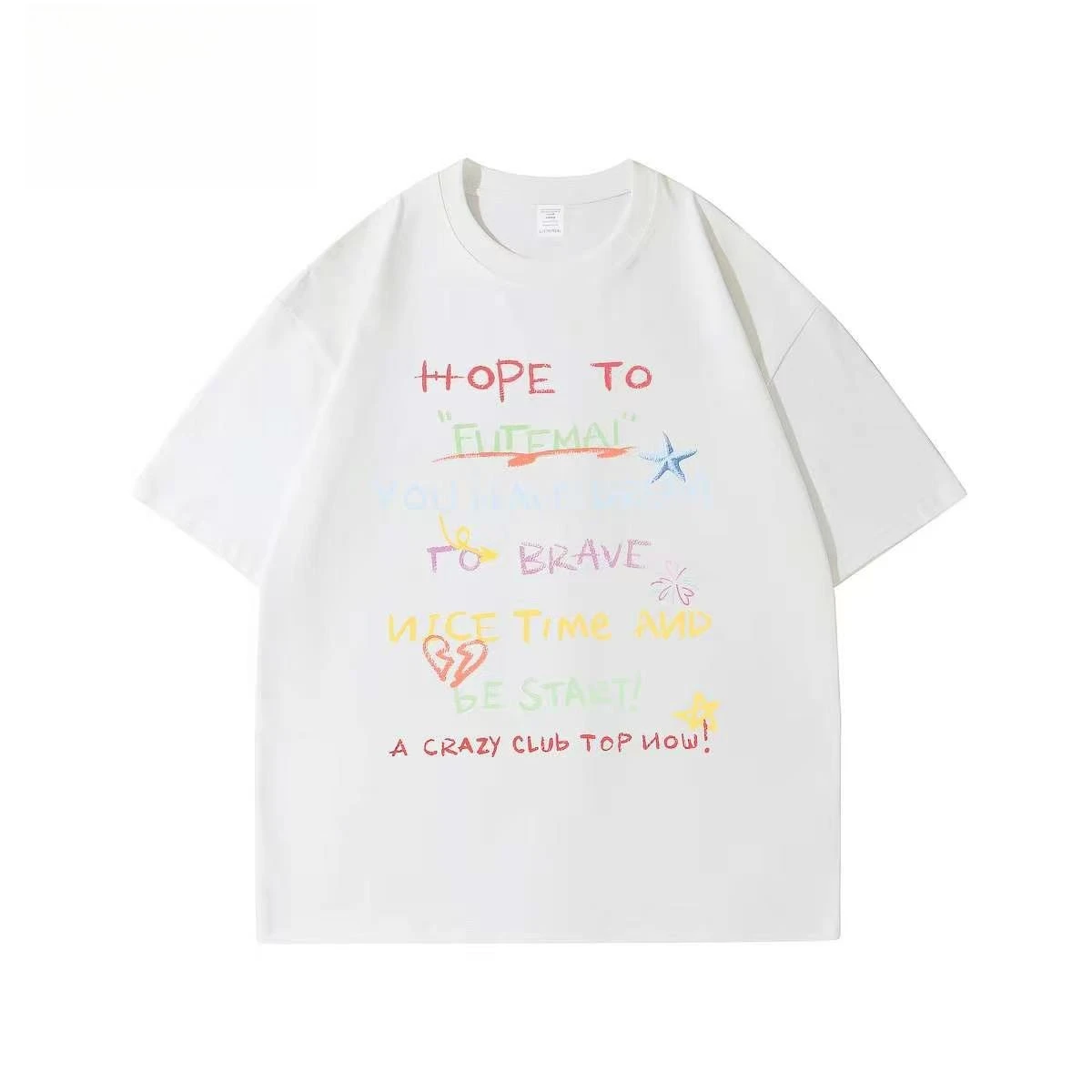 Camiseta Oversized Estampada com Frases Coloridas Estilo Y2K Verão 2026, Camiseta Casual Retrô Streetwear com Grafite 'Hope To' para Homens e Mulheres