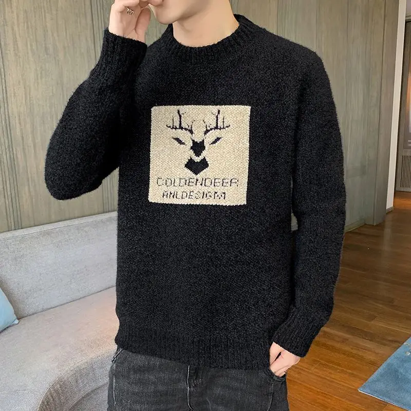 Men's Autumn Winter Solid Pullover Crew Neck Flocking Cartoon Letter Embroidery Long Sleeve Sweater Knitted Casual Vintage Tops