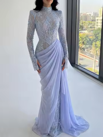 Oisslec Prom Dress Elegant Vintage Sweet Lilac Mermaid Lace Chiffon Customized Formal Occasion Prom Dress Evening Party Gowns