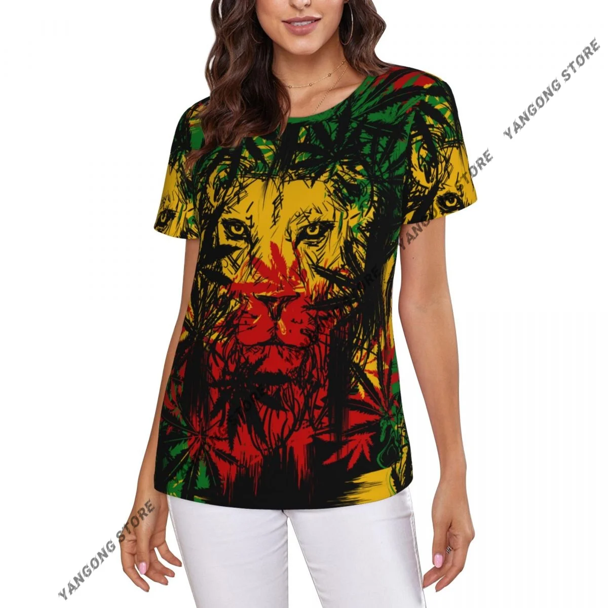 Casual Summer Woman Skinny Fit T-shirt Tight Short-Sleeve O-neck Tee Basic Lion Rasta Pattern T Shirt