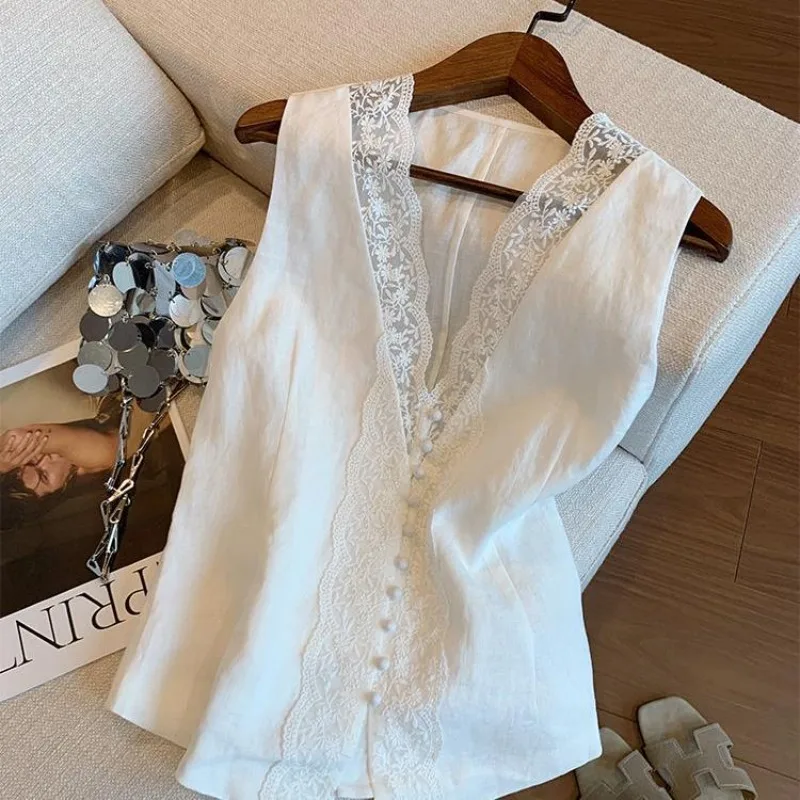 White Lace Splicing Linen V-neck Sleeveless Top Women's Summer New Fashion French Temperament Thin Vest And Linen Waistcoat Coat