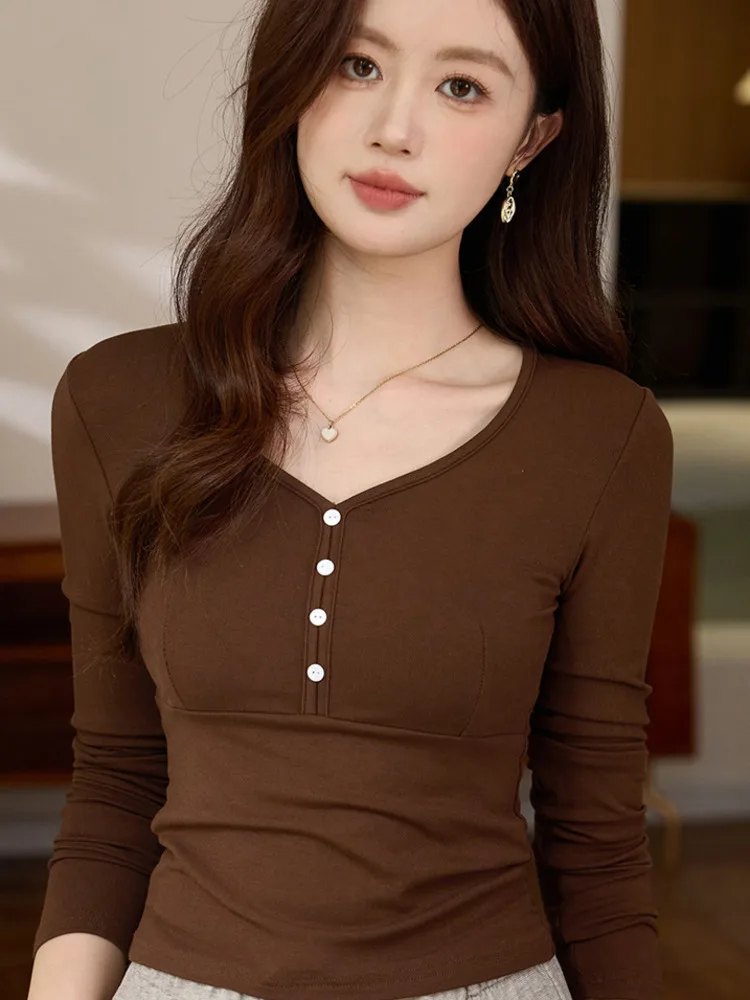 #0473 Black Beige Brown Short T Shirt Women V-neck Buttons Sexy Split Joint Skinny Stretch Cotton Long Sleeve T Shirt Female