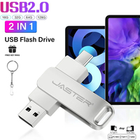 JASTER TYPE-C 2 in 1 USB Flash Drives 64GB Rotatable Metal Memory Stick 32GB Silver Pen Drive 16GB Free Key Chain USB Stick 8GB