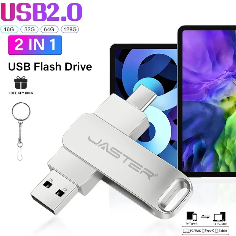 JASTER TYPE-C 2 in 1 USB Flash Drives 64GB Rotatable Metal Memory Stick 32GB Silver Pen Drive 16GB Free Key Chain USB Stick 8GB