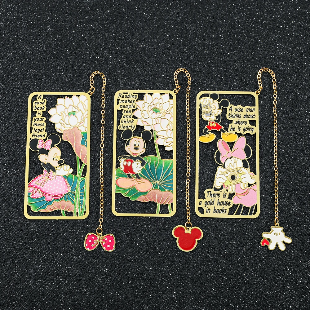 Disney Summer Lotus Flower Mickey Minnie Mouse Brass Bookmark with Tassel Gold Color Metal Card Book Mark for Fans Collection