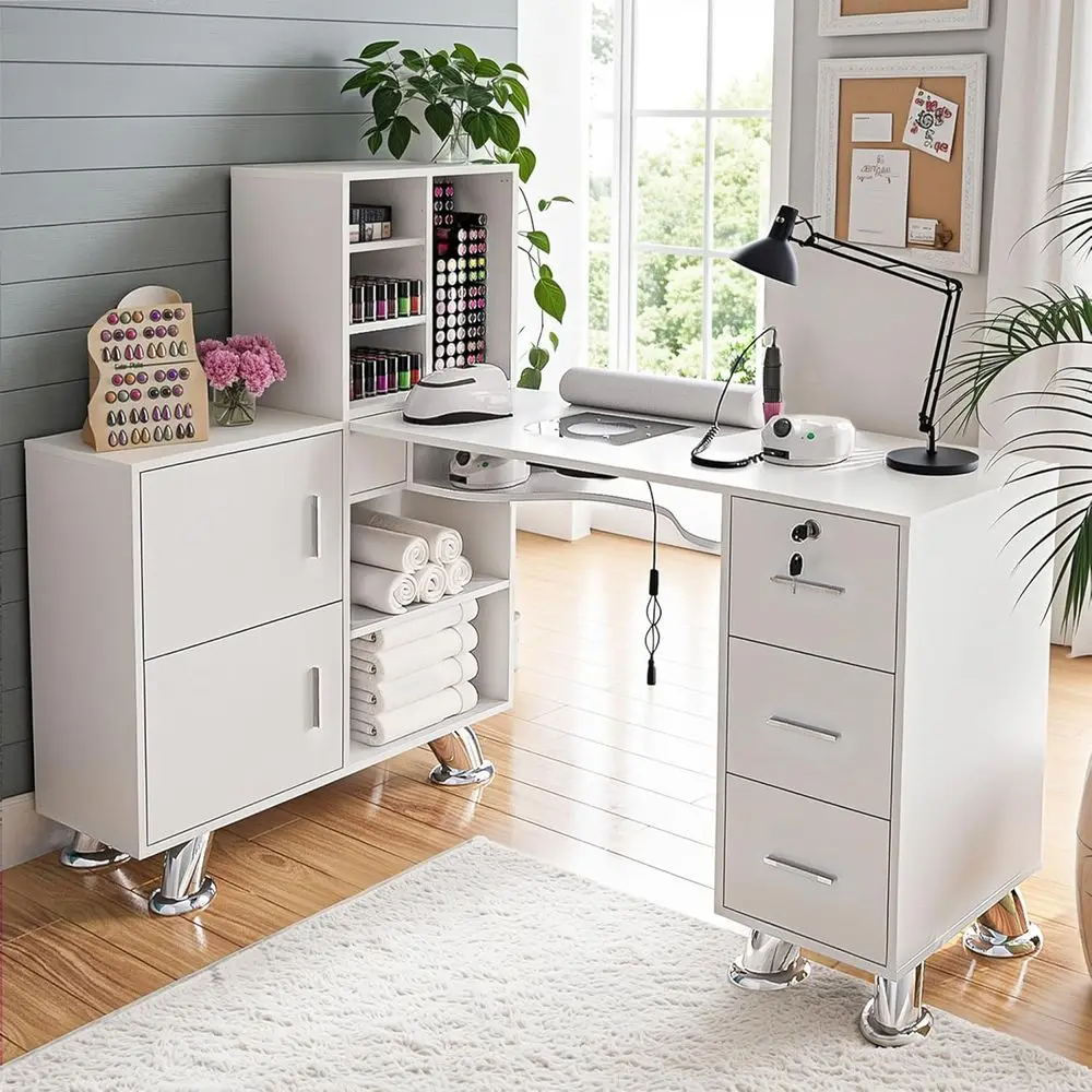 

L-Shaped Nail Technician Workstation with Dust Collector, Storage Cabinets, Metal Handles, and White Wrist Rest