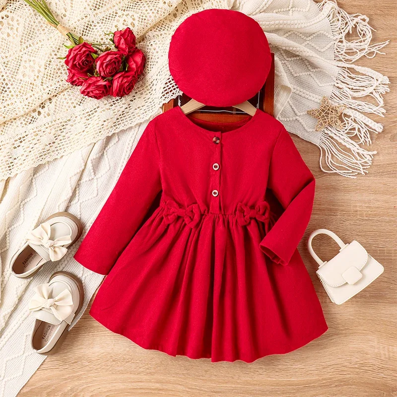 4-7Y Kids Girls Winter Christmas Dresses Baby Long Sleeve Bowknot Decor Pleated Dress with Beret Sets Children Fashion Clothes