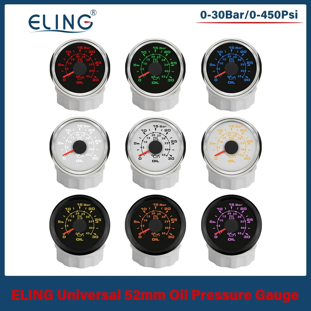 ELING 52mm (2'') Oil Pressure Gauge 0-30Bar 0-435Psi 0-450Psi with 8 Colors Backlights for Auto Boat Motorcycle 9-32V