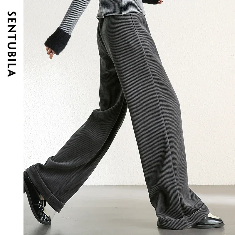 SENTUBILA Casual Loose Pants Women 2024 Winter Elastic Waist Wid-leg Pant Fashion Solid Folds Trousers Female Clothing 134K52809