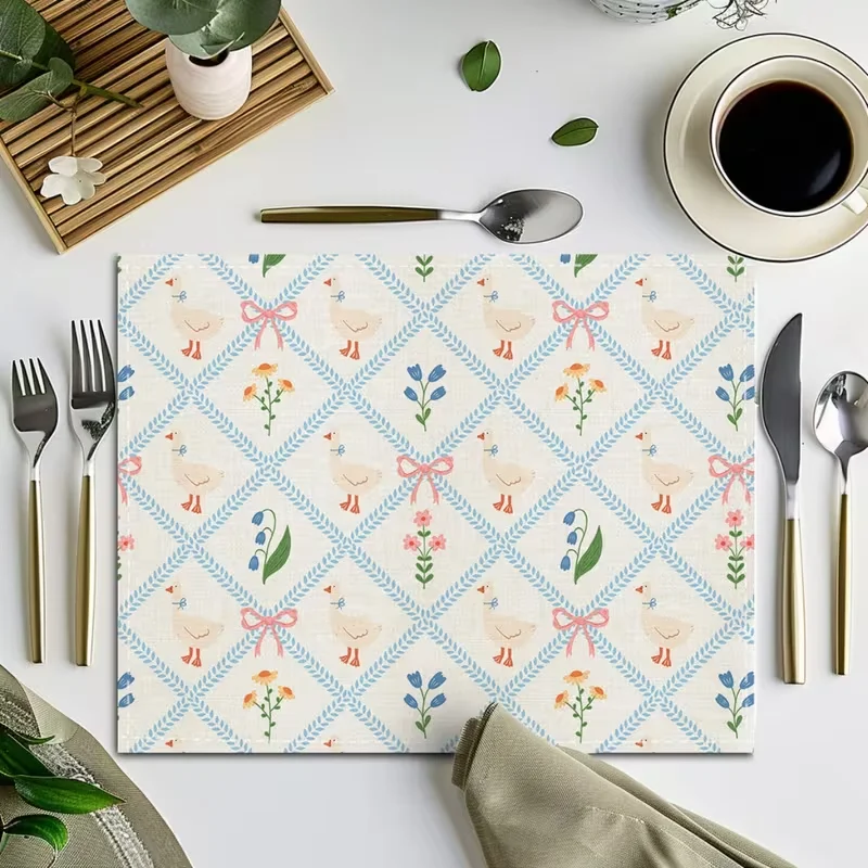 Cute White Goose Floral Bow Placemat Blue Lattice Country Farm Print Cottagecore Decor For Dining Kitchen Table Party