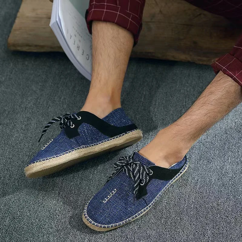 New Fashion Summer Grass Knitted Shoes Casual Lazy Man Canvas Hemp Insole Fisherman Light Shoes Men\'s Lace Up Flat Shoes