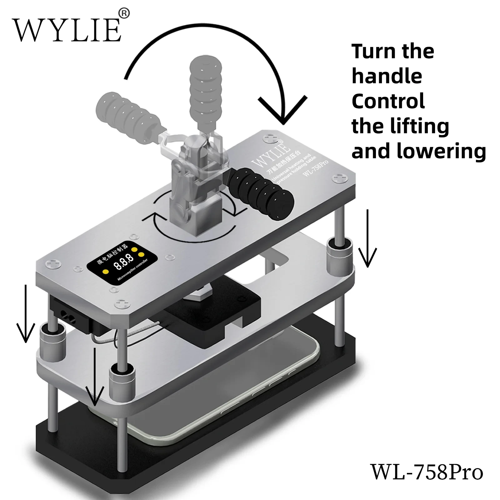 WYLIE WL-758 Pro Platform Tekanan Pemanas Ponsel untuk Penutup Belakang LCD Perlindungan Kamera Perakitan Ulang Mesin Penekan Perbaikan Ponsel