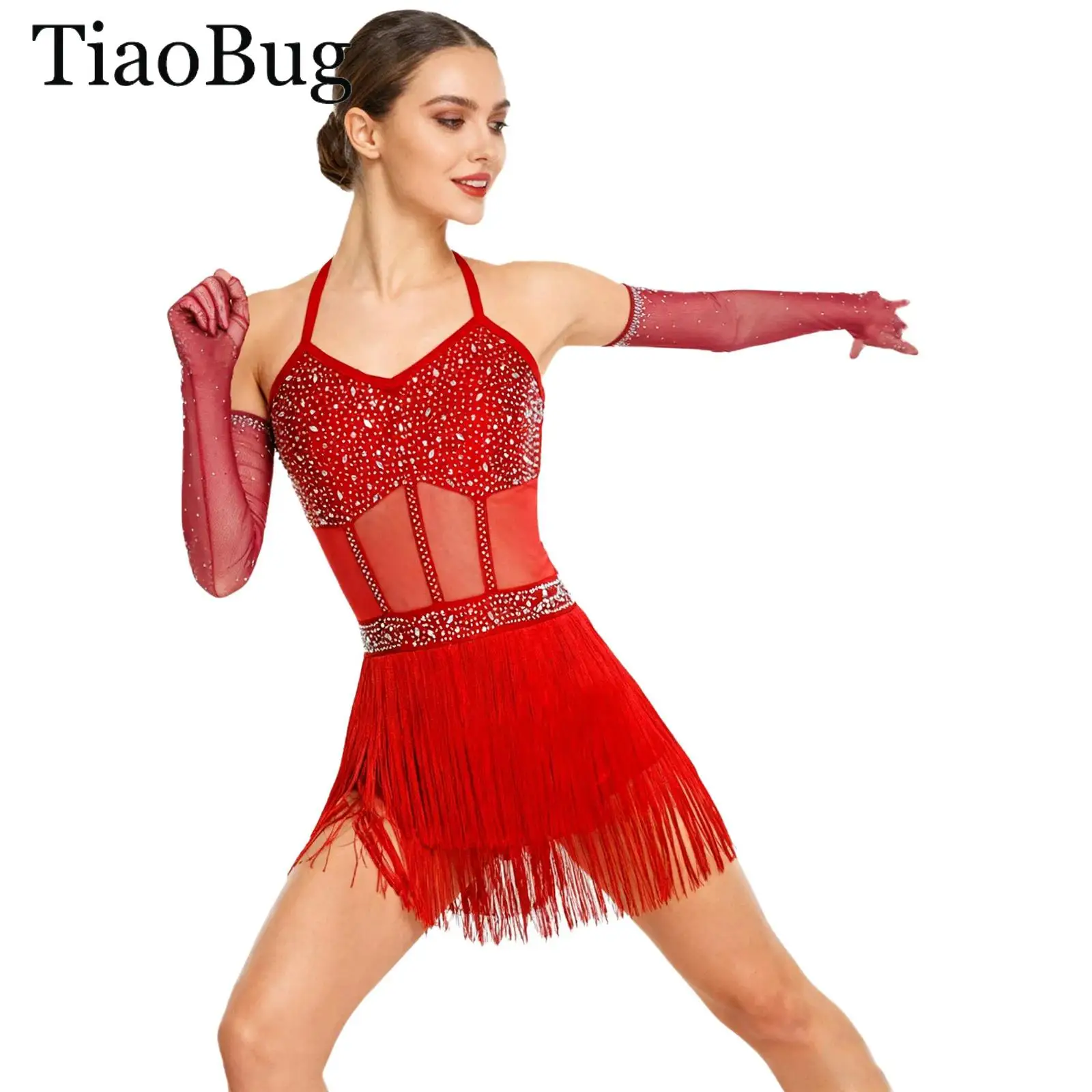 

Womens Fringed Dance Leotard Rhinestone Sheer Mesh Tassel Bodysuit +Gloves Set Cha-cha Tango Salsa Ballroom Latin Jazz Costume