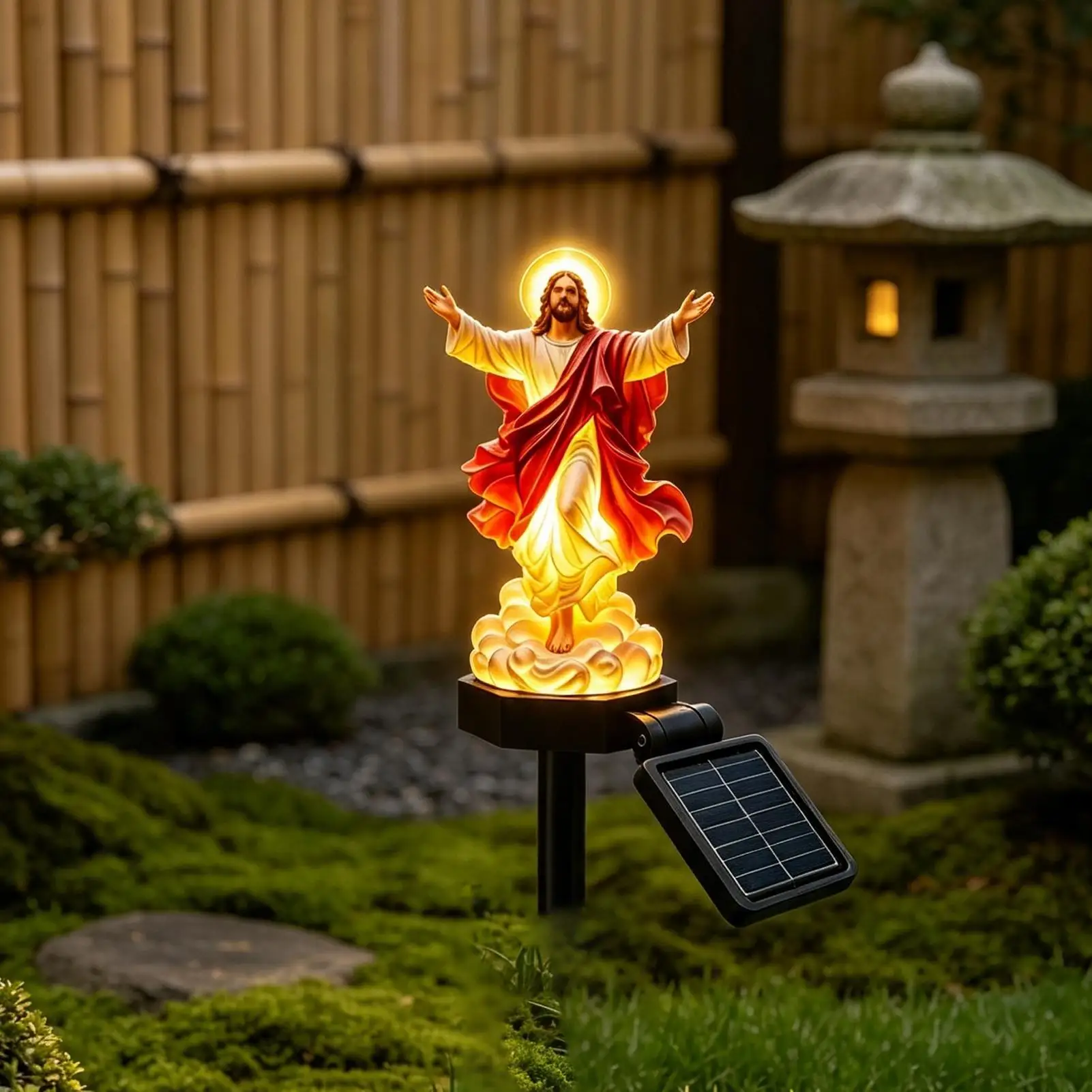 Solar Jesus Statue Resin LED Waterproof Sculpture with Stake Resin Christian Figurine with LED Light for Yard Patio Deck Porch