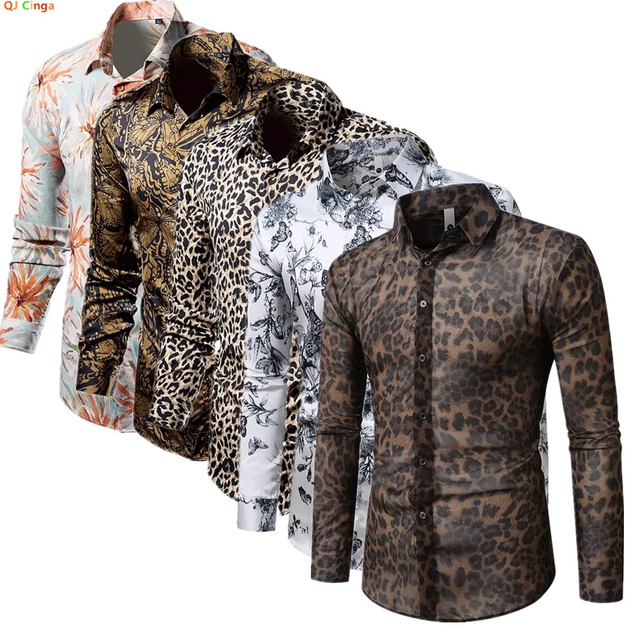 

QJ CINGA Brand Men Leopard Print Long-sleeved Shirt, White Single-breasted Button-down Collar Printed Shirts, Asian Size M-6XL