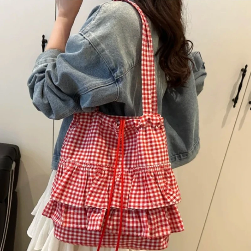 

Women's Summer Fashion Tote Bag, Cute Plaid Cotton with Lace Edge, Large Capacity Commuter Top Handle Purse, Soft Polyester