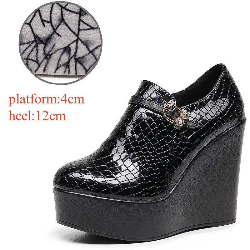 12cm Small Size 33-43 Vintage Deep Mouth Patent Leather Shoes with Fur Women Pumps 2025 Spring High Heels Platform Wedges Shoes