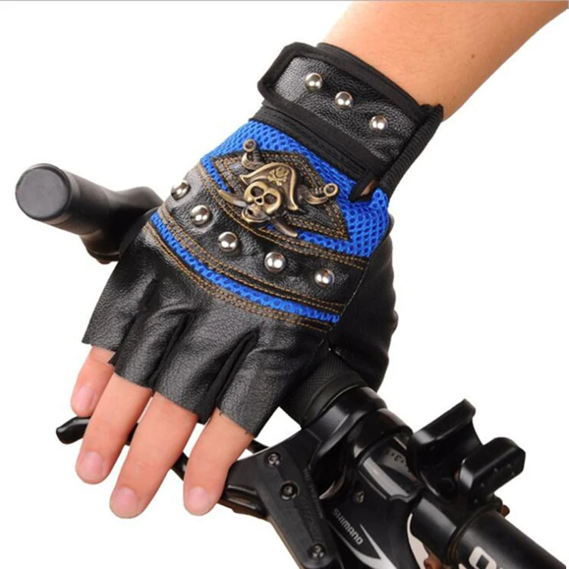 Men Punk Motorcycle Gloves Summer Spring Rivet Pirate Skull Street Dance Breathable Half Finger Anti-slip PU Leather Gloves