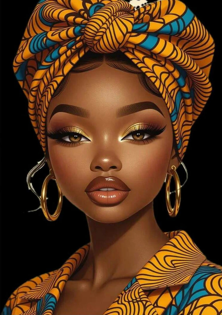 African American Woman with Ankara Headwrap and Gold Hoops 5D DIY Full Drill Diamond Painting Kit Rhinestone Mosaic Handmade Art