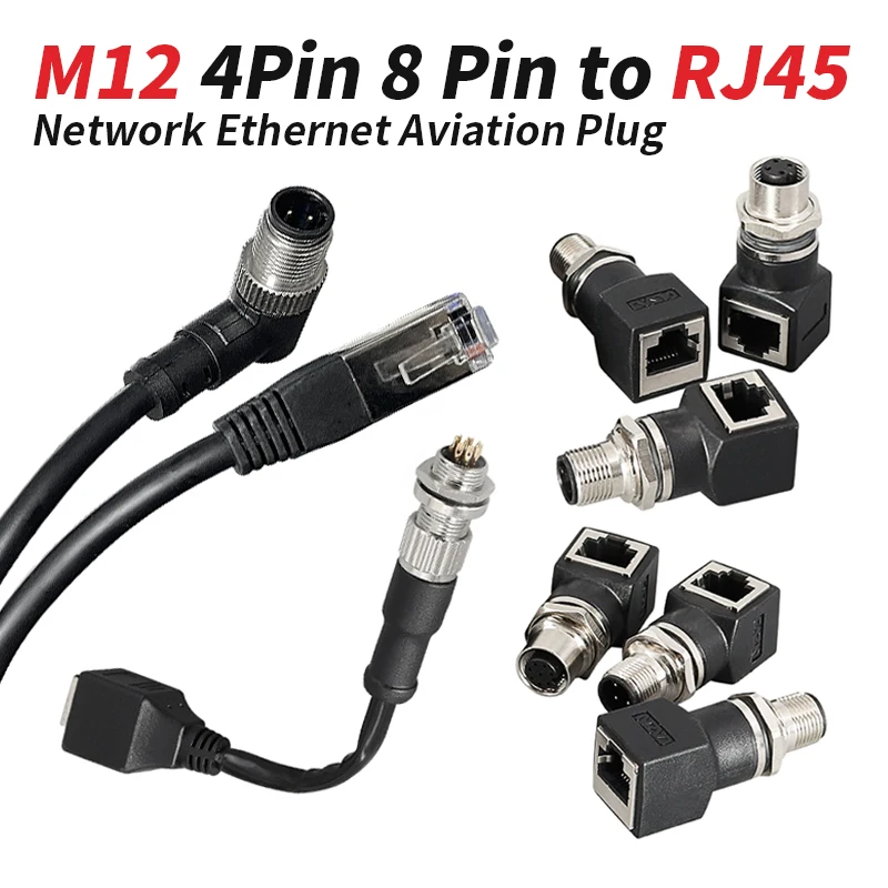 Industrial M12 4Pin 8 Pin to RJ45 Network Ethernet Aviation Plug 40A 60V A/D-Coding M12 Wire Connector IP67 Female Male Adapter