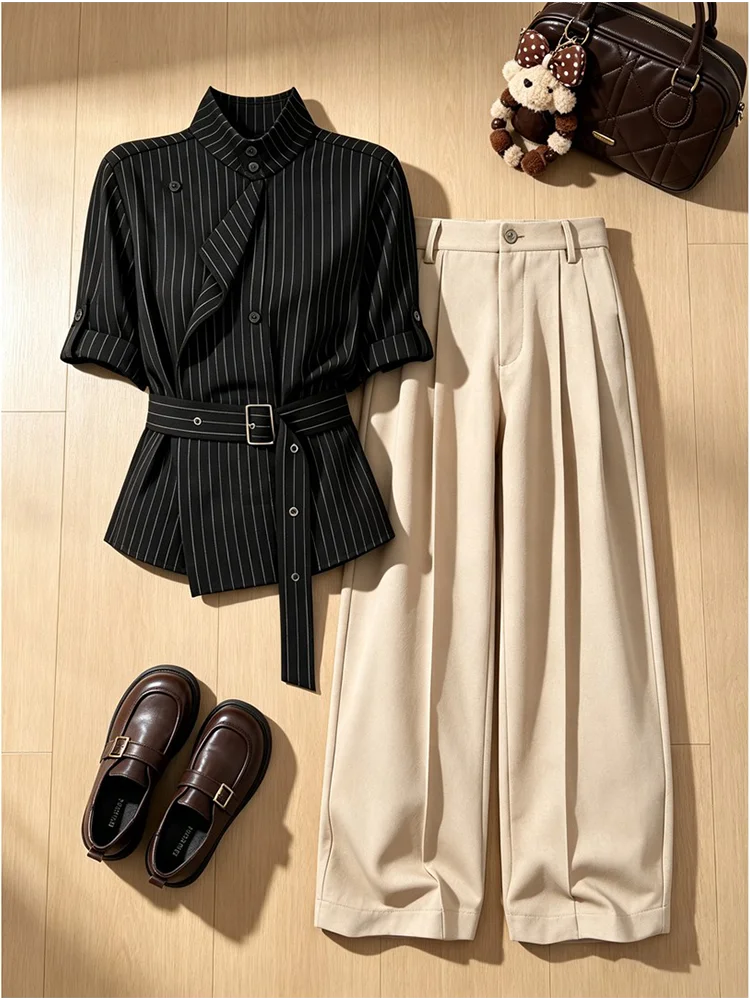 Elegant Commuter Style Women's Black Stripe Shirt Short Sleeve Drapey Wide Leg Casual Pants Two Piece Set Summer Fashion