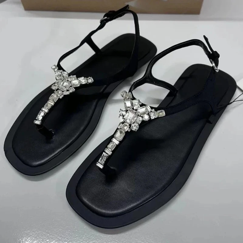 

Роскошные блестящие шлепанцы со стразами, женские летние дизайнерские сандалии на плоской подошве, удобная мягкая повседневная женская пляжная обувь