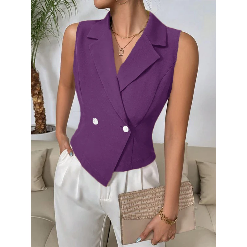 Fashion Women\'s Sleeveless Vest Women Waistcoat Suit Lapel Casual Jackets Two Button 2000s Tops Female Clothing 신상아우터