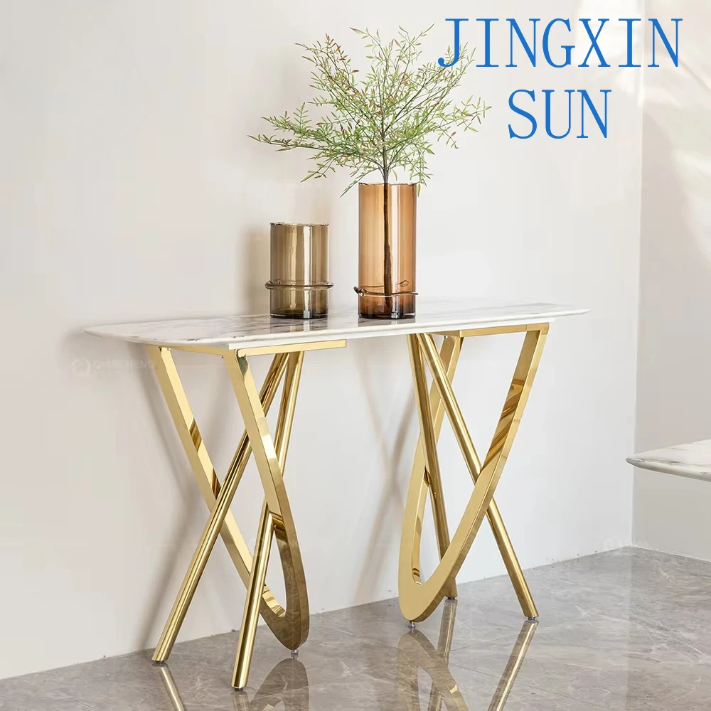 Baroque White Faux Marble Italian Design Middle Eastern Stainless Steel Long Entrance Console Table