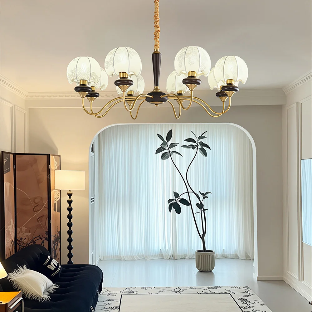 Retro Brass And Wood Chandelier With Floral Fabric Shades For Living Room Bedroom