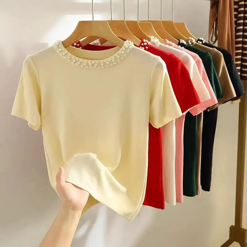 

Tops T-shirt Women's Summer Solid Colour Designer Knit Beaded Short Sleeves Flattering Petite Comfortable Versatile Distinctive