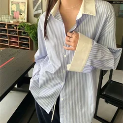 QWEEK Elegant Office Striped Shirts Korean Style Patchwork Vintage Youthful Woman Blouses Loose Chic Long Sleeve Clothes Autumn