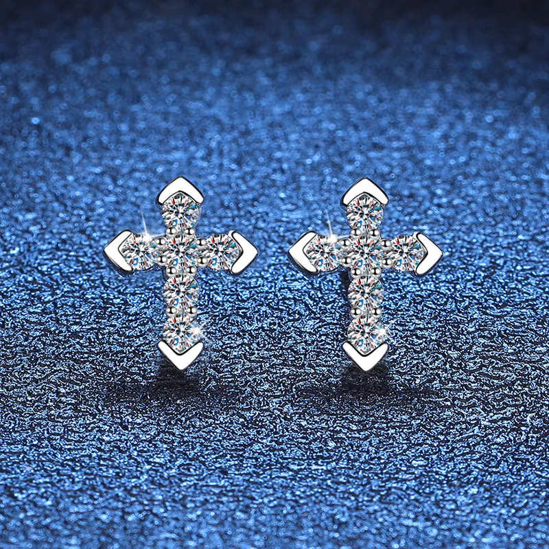 s925 Sterling silver stud Female Full diamond Mosan diamond cross Stud Stud Sterling Silver Trend personality 36 points Moissani