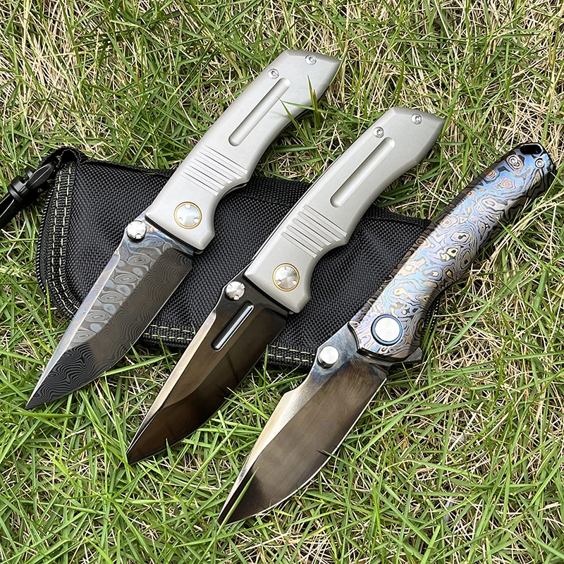 VG10+Damascus Titanium Alloy Handle Folding Outdoor Camping Survival Tactics Fruit Collection EDC Pocket Knife