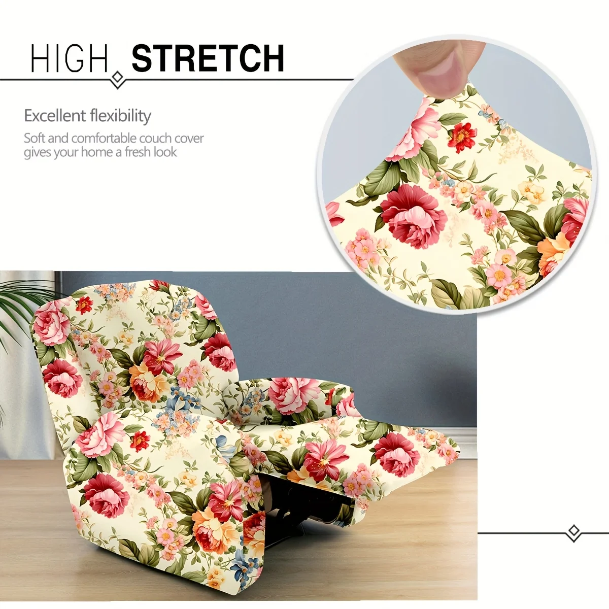 Recliner Slipcover, Retro Pink Peony Flowers Print Elastic Chair Cover for Living Room, Washable